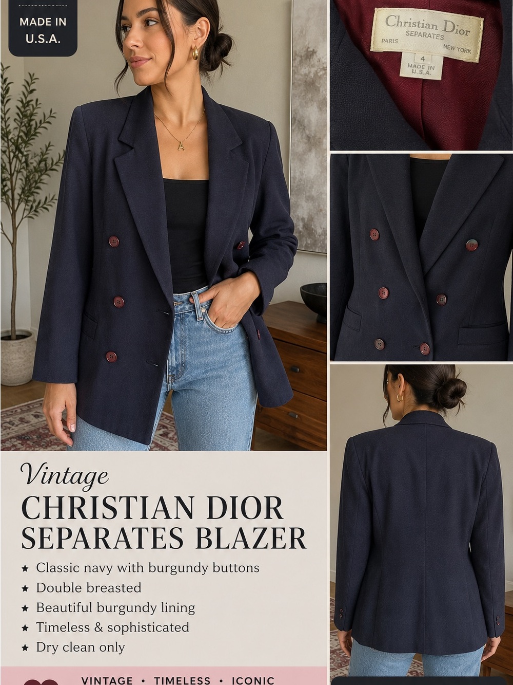 Dior Navy Double-Breasted Blazer with Burgundy Buttons and Lining